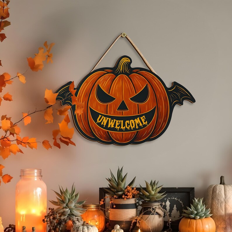 Unwelcome Bat Door Sign, Spooky Halloween Wooden Plaque, Halloween Ghost Welcome Sign, Wooden Fall Decor, Autumn Holiday Decoration