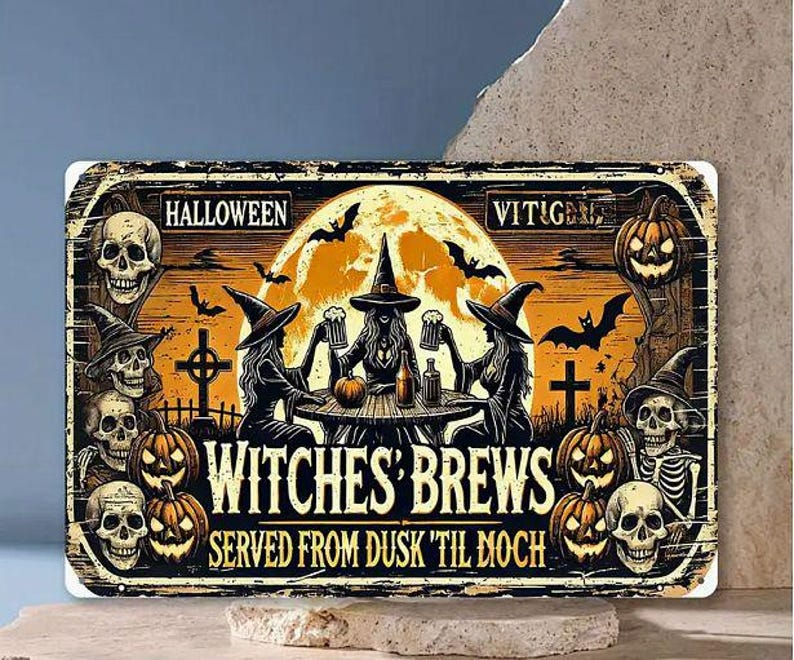 Witches Brews Metal Sign, Halloween Witchy Wall Decor, Spooky Gothic Kitchen Sign, Rustic Witch Halloween Home Decoration