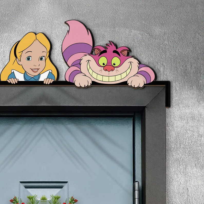 Alice In Wonderland Door Corner Sign, Alice Cheshire Cat Peek A Boo Wooden Corner Sign, Home Decor, Kid Room Decoration