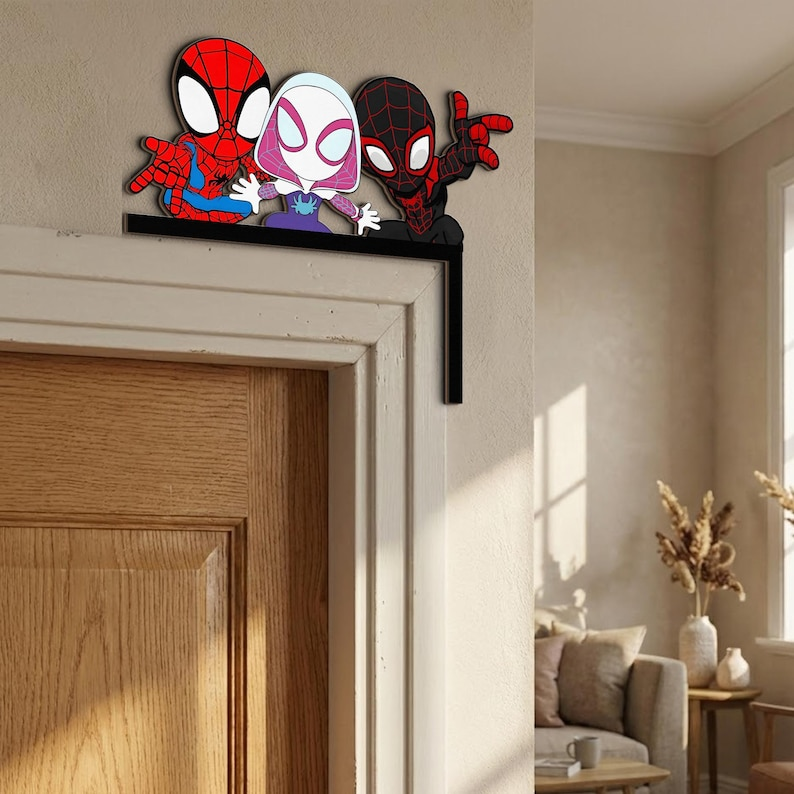 Spider Man Door Corner Sign Decor, Peter Parker Gwen Stacy Miles Morales Team Spidey And His Amazing Friends, Cute Marvel Kids Room Gift