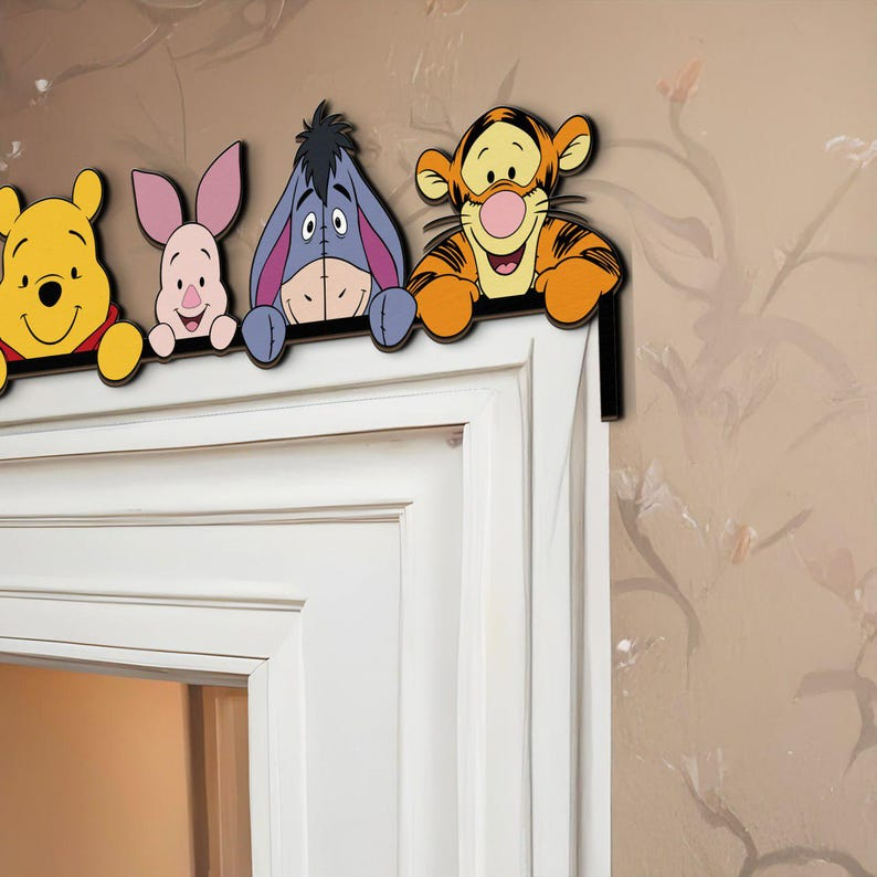 Winnie the Pooh Door Corner Sign, Classic Pooh and Friends Wood Decor, Piglet Tigger Eeyore Door Topper, Nursery Wall Art, Kids Gift