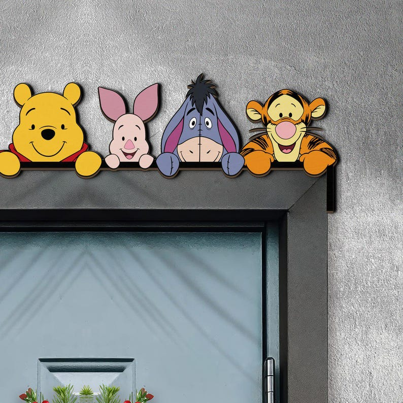 Winnie the Pooh Door Corner Sign, Classic Pooh and Friends Wood Decor, Piglet Tigger Eeyore Door Topper, Nursery Wall Art, Kids Gift