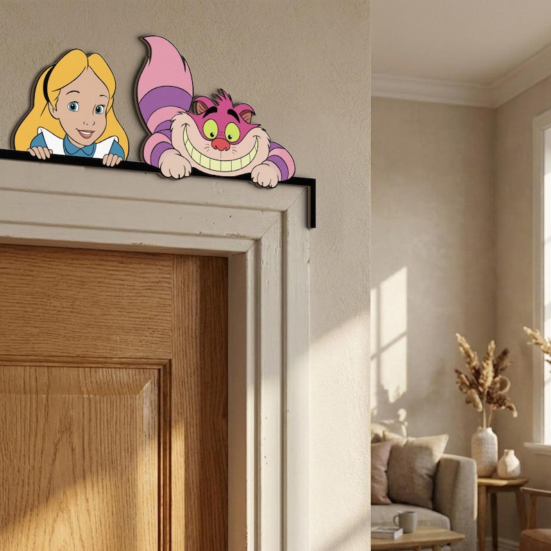 Alice In Wonderland Door Corner Sign, Alice Cheshire Cat Peek A Boo Wooden Corner Sign, Home Decor, Kid Room Decoration