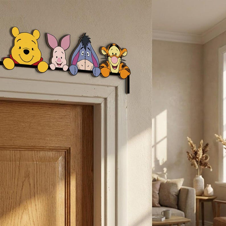 Winnie the Pooh Door Corner Sign, Classic Pooh and Friends Wood Decor, Piglet Tigger Eeyore Door Topper, Nursery Wall Art, Kids Gift
