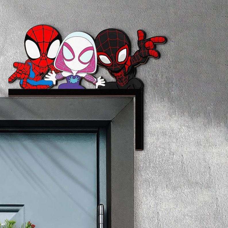 Spider Man Door Corner Sign Decor, Peter Parker Gwen Stacy Miles Morales Team Spidey And His Amazing Friends, Cute Marvel Kids Room Gift