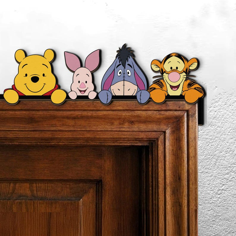 Winnie the Pooh Door Corner Sign, Classic Pooh and Friends Wood Decor, Piglet Tigger Eeyore Door Topper, Nursery Wall Art, Kids Gift