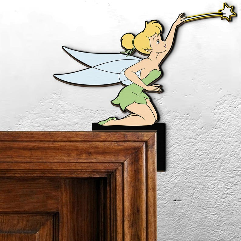 Tinker Bell Door Corner Sign, Peter Pan Tinkerbell Nursery Wall Art, Fairy Wand Peeking Door Topper, Kids Room Wall Decor