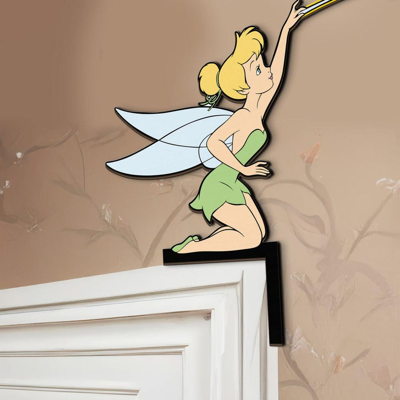 Tinker Bell Door Corner Sign, Peter Pan Tinkerbell Nursery Wall Art, Fairy Wand Peeking Door Topper, Kids Room Wall Decor