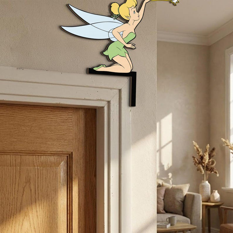 Tinker Bell Door Corner Sign, Peter Pan Tinkerbell Nursery Wall Art, Fairy Wand Peeking Door Topper, Kids Room Wall Decor