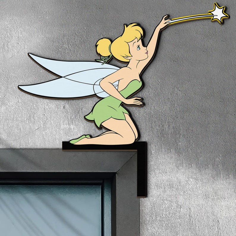 Tinker Bell Door Corner Sign, Peter Pan Tinkerbell Nursery Wall Art, Fairy Wand Peeking Door Topper, Kids Room Wall Decor