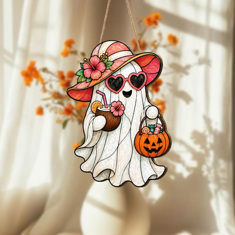 Floral Ghost Door Hanger, Wooden Halloween Porch Decor