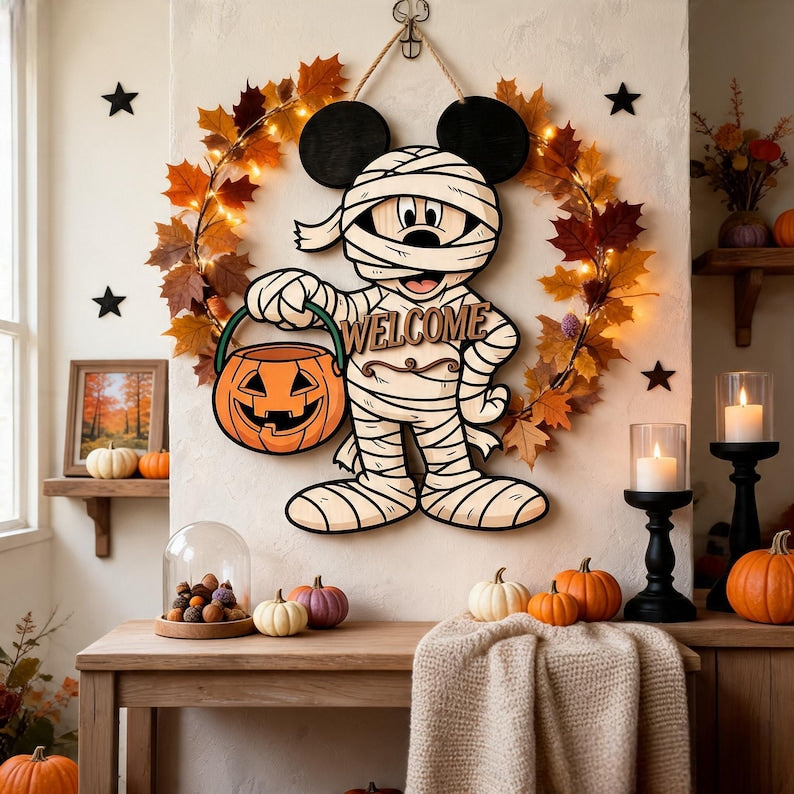 Personalized Spooky Mickey Mouse Door Hanger, Cute Halloween Ghost Sign, Mickey Halloween Decor with Pumpkin