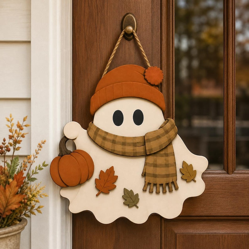 Cute Fall Ghost Wooden Sign, Halloween Ghost Door Hanger, Pumpkin Ghost Decor, Autumn Porch Sign