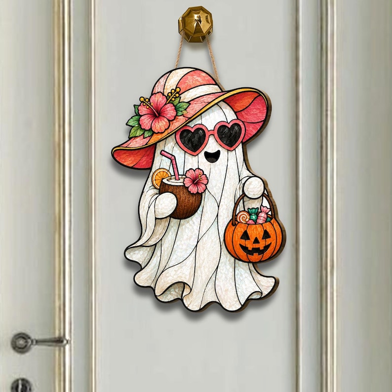 Floral Ghost Door Hanger, Wooden Halloween Porch Decor