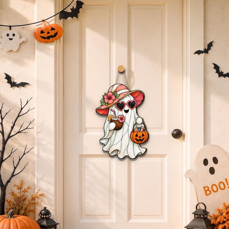 Floral Ghost Door Hanger, Wooden Halloween Porch Decor