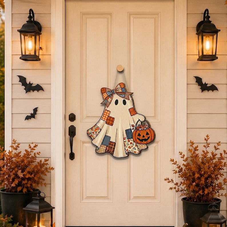 Patchwork Ghost Door Hanger, Rustic Halloween Fall Decor Sign