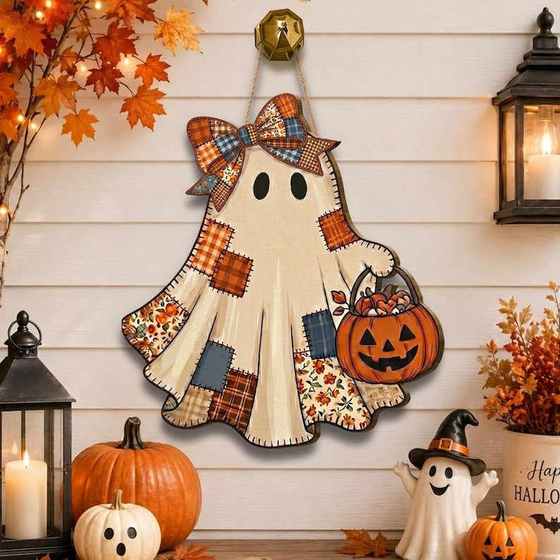 Patchwork Ghost Door Hanger, Rustic Halloween Fall Decor Sign