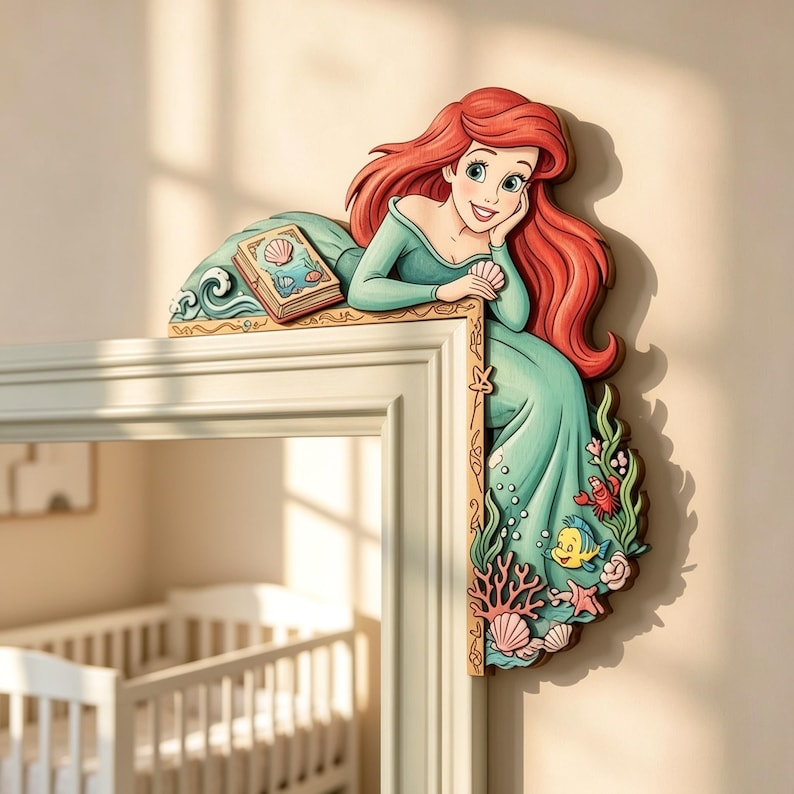 Ariel Princess Door Corner Decor, Little Mermaid Door Decor, Fairytale Nursery Accent, Princess Wooden Frame Sign, Wood Door Topper