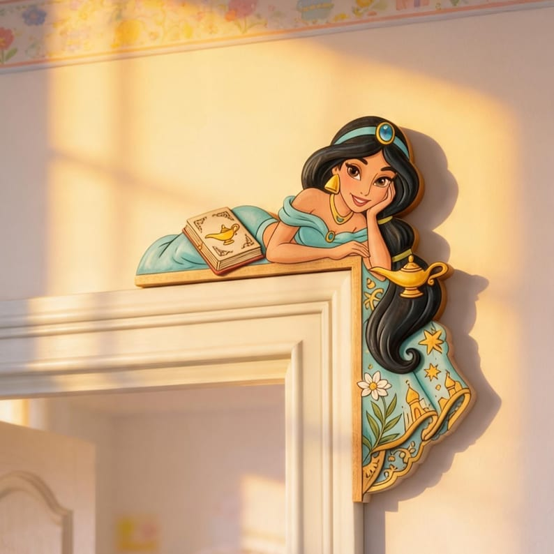 Jasmine Princess Door Corner Decor, Princess Wooden Door Corner, Fairytale Nursery Decor, Princess Bedroom Accent, Wood Door Topper