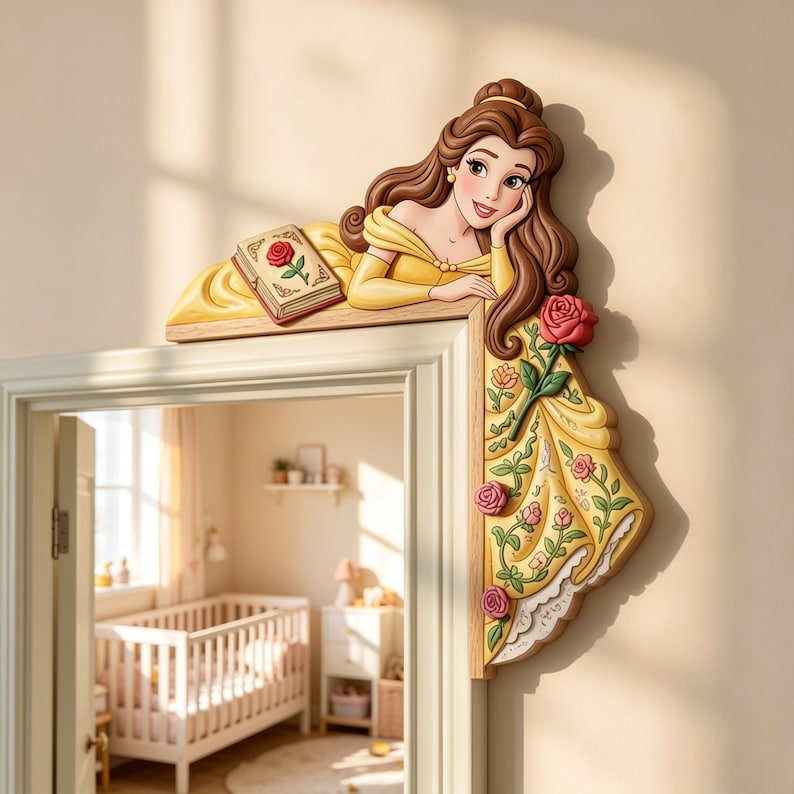 Belle Princess Door Corner Decor, Princess Wooden Door Corner, Fairytale Nursery Decor, Princess Bedroom Accent, Wood Door Topper