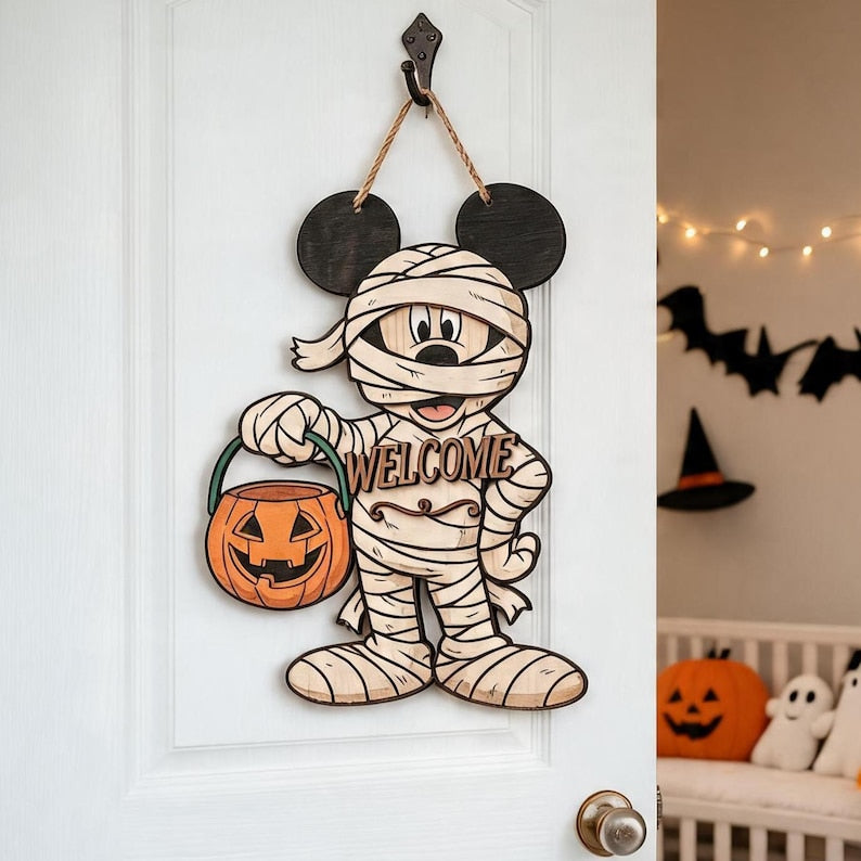 Personalized Spooky Mickey Mouse Door Hanger, Cute Halloween Ghost Sign, Mickey Halloween Decor with Pumpkin