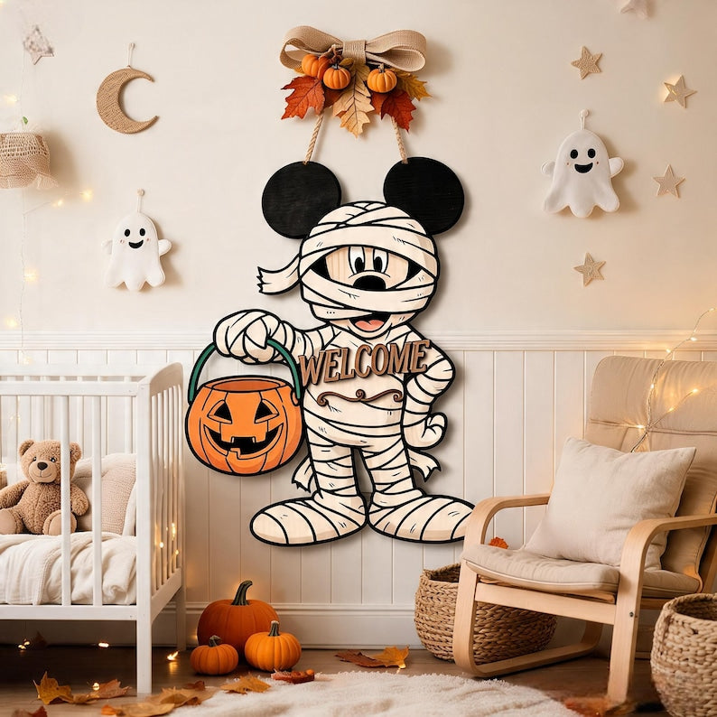 Personalized Spooky Mickey Mouse Door Hanger, Cute Halloween Ghost Sign, Mickey Halloween Decor with Pumpkin