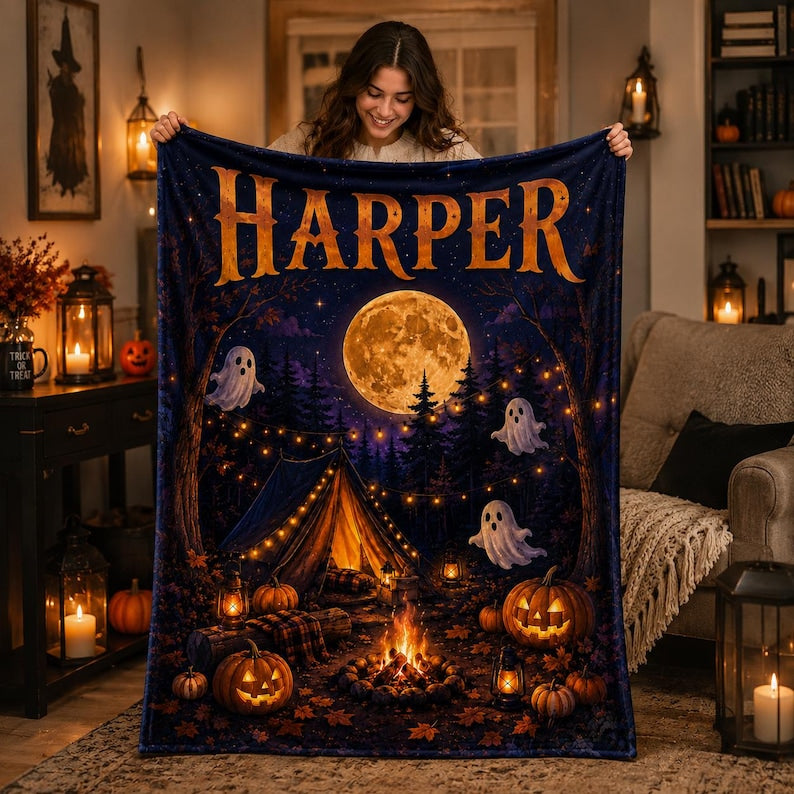 Personalized Halloween Fleece Blanket, Custom Name Ghost Pumpkin Throw, Spooky Camping Blanket, Kids Fall Blanket, Cozy Autumn Gift for Her