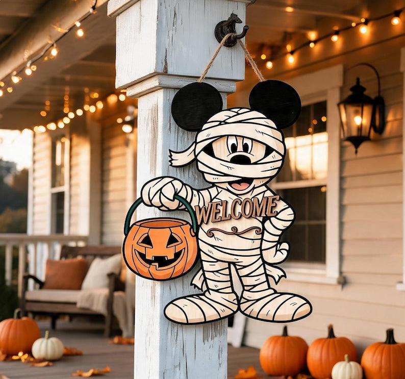 Personalized Spooky Mickey Mouse Door Hanger, Cute Halloween Ghost Sign, Mickey Halloween Decor with Pumpkin
