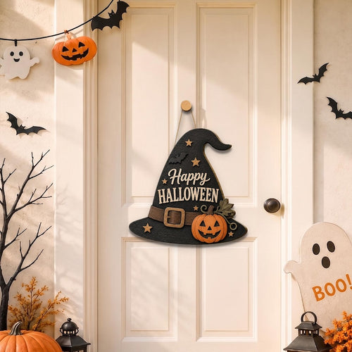Halloween Witch Hat Door Sign, Pumpkin Hanging Decor, Spooky Front Door Accent