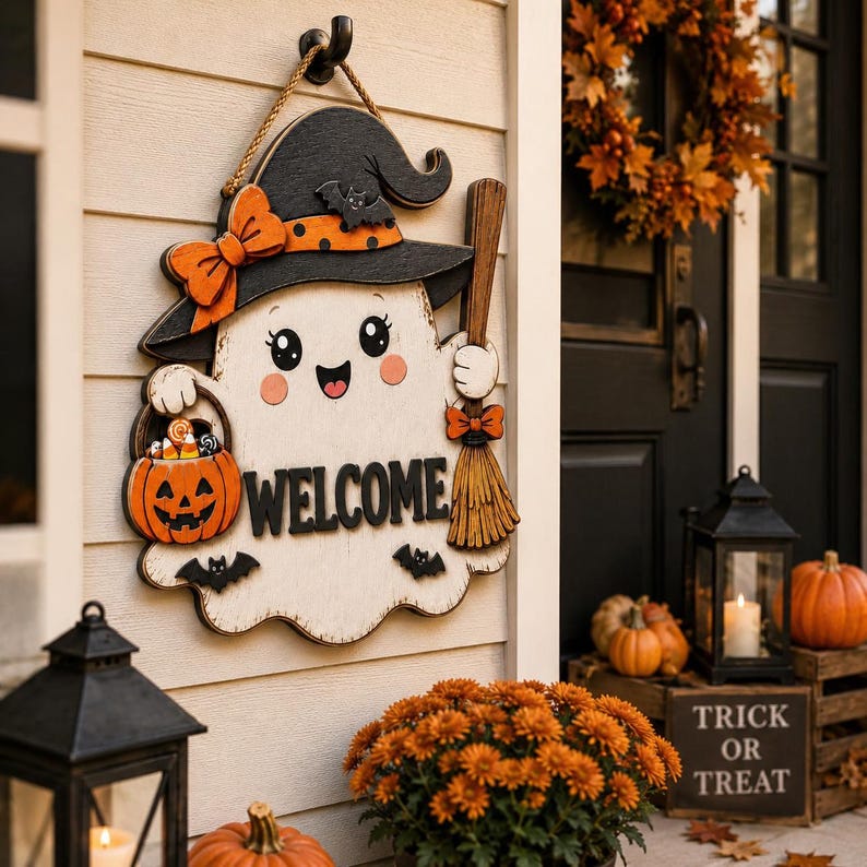 Halloween Ghost Welcome Door Sign, 2 Layer Wood Door Hanger, Witch Hat Pumpkin Bat Broom, Fall Front Porch Decor, Halloween Party Gift