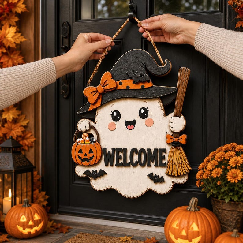 Halloween Ghost Welcome Door Sign, 2 Layer Wood Door Hanger, Witch Hat Pumpkin Bat Broom, Fall Front Porch Decor, Halloween Party Gift