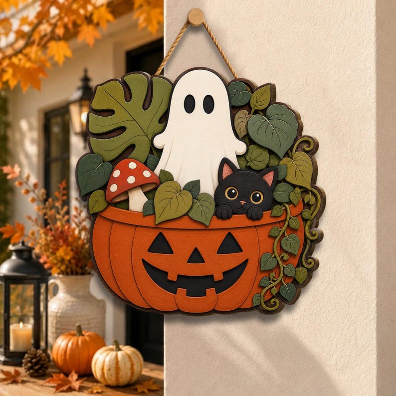 Halloween Ghost Cat Wood Door Sign, Spooky Pumpkin Black Cat Hanger