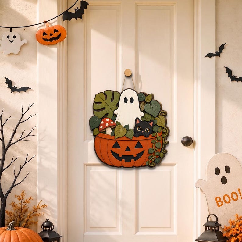 Halloween Ghost Cat Wood Door Sign, Spooky Pumpkin Black Cat Hanger