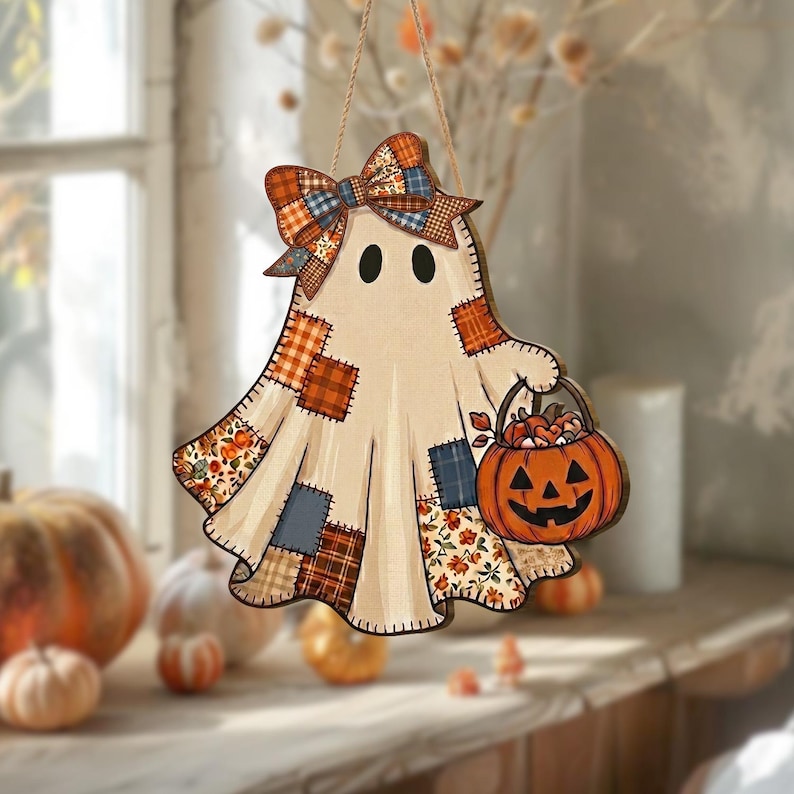 Patchwork Ghost Door Hanger, Rustic Halloween Fall Decor Sign