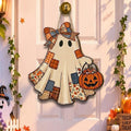 Patchwork Ghost Door Hanger, Rustic Halloween Fall Decor Sign