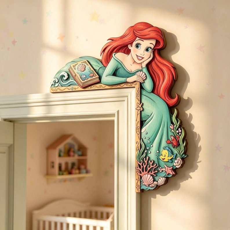 Ariel Princess Door Corner Decor, Little Mermaid Door Decor, Fairytale Nursery Accent, Princess Wooden Frame Sign, Wood Door Topper
