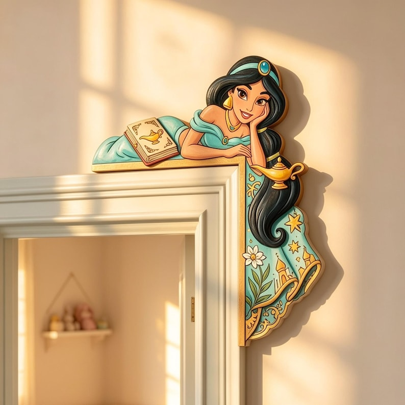 Jasmine Princess Door Corner Decor, Princess Wooden Door Corner, Fairytale Nursery Decor, Princess Bedroom Accent, Wood Door Topper