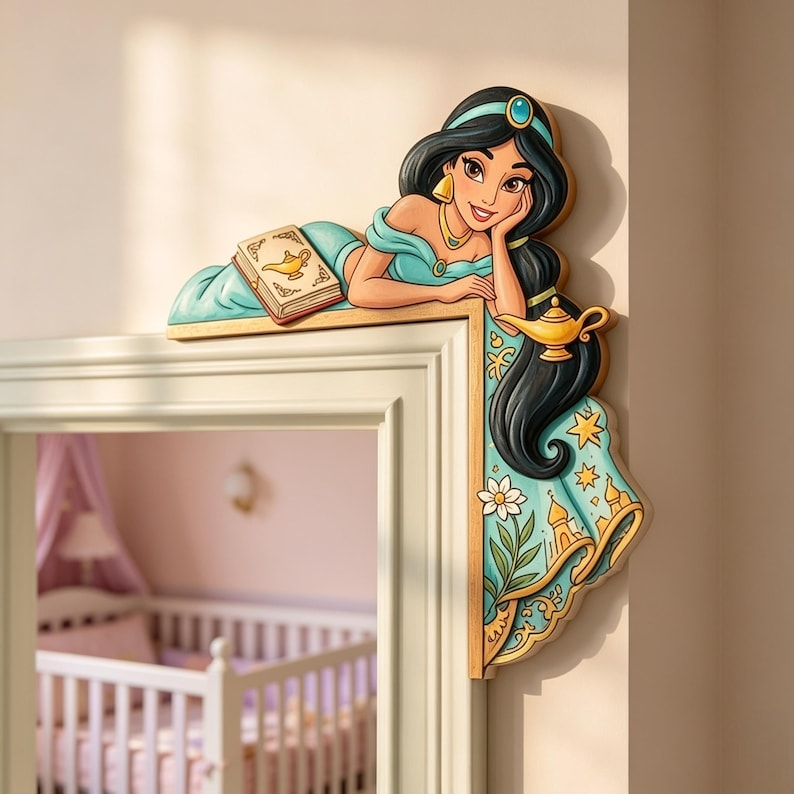 Jasmine Princess Door Corner Decor, Princess Wooden Door Corner, Fairytale Nursery Decor, Princess Bedroom Accent, Wood Door Topper