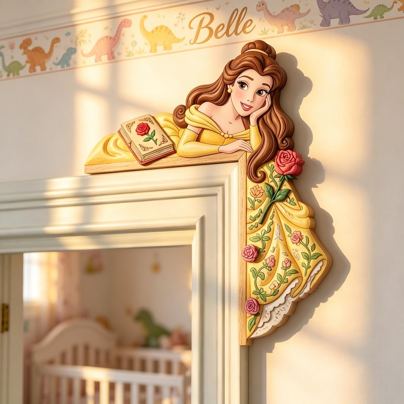 Belle Princess Door Corner Decor, Princess Wooden Door Corner, Fairytale Nursery Decor, Princess Bedroom Accent, Wood Door Topper