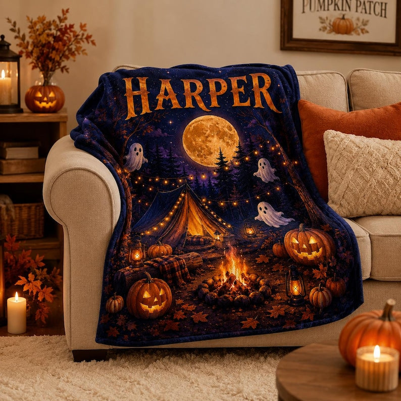 Personalized Halloween Fleece Blanket, Custom Name Ghost Pumpkin Throw, Spooky Camping Blanket, Kids Fall Blanket, Cozy Autumn Gift for Her