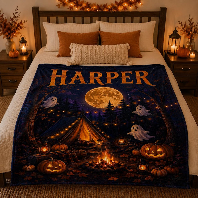 Personalized Halloween Fleece Blanket, Custom Name Ghost Pumpkin Throw, Spooky Camping Blanket, Kids Fall Blanket, Cozy Autumn Gift for Her