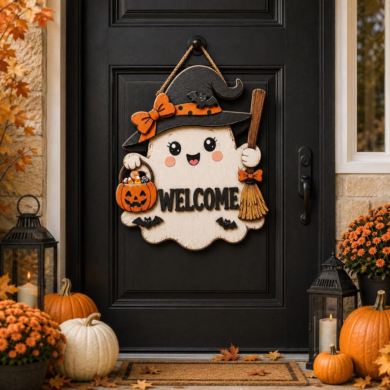 Halloween Ghost Welcome Door Sign, 2 Layer Wood Door Hanger, Witch Hat Pumpkin Bat Broom, Fall Front Porch Decor, Halloween Party Gift