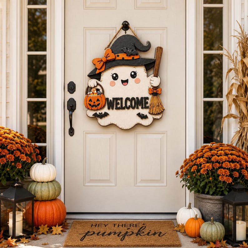 Halloween Ghost Welcome Door Sign, 2 Layer Wood Door Hanger, Witch Hat Pumpkin Bat Broom, Fall Front Porch Decor, Halloween Party Gift