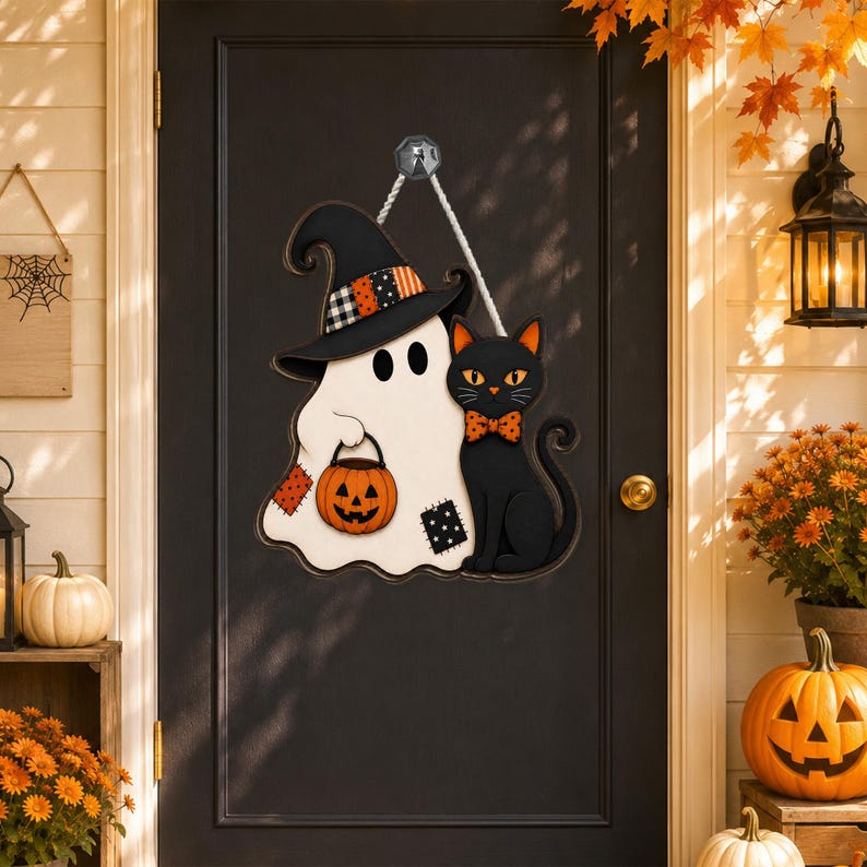 Halloween Ghost Door Sign, Black Cat Wooden Door Hanger, Witch Hat Front Door Decor, Spooky Fall Porch Sign