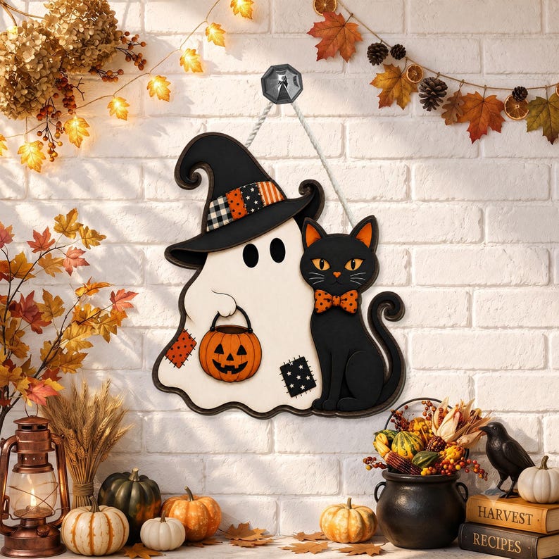 Halloween Ghost Door Sign, Black Cat Wooden Door Hanger, Witch Hat Front Door Decor, Spooky Fall Porch Sign