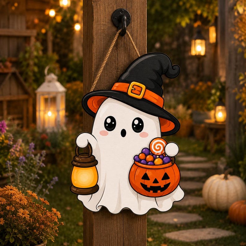Halloween Ghost Door Hanger, Cute Witch Ghost Wooden Sign, Trick Or Treat Pumpkin Porch Decor, Spooky Fall Gift