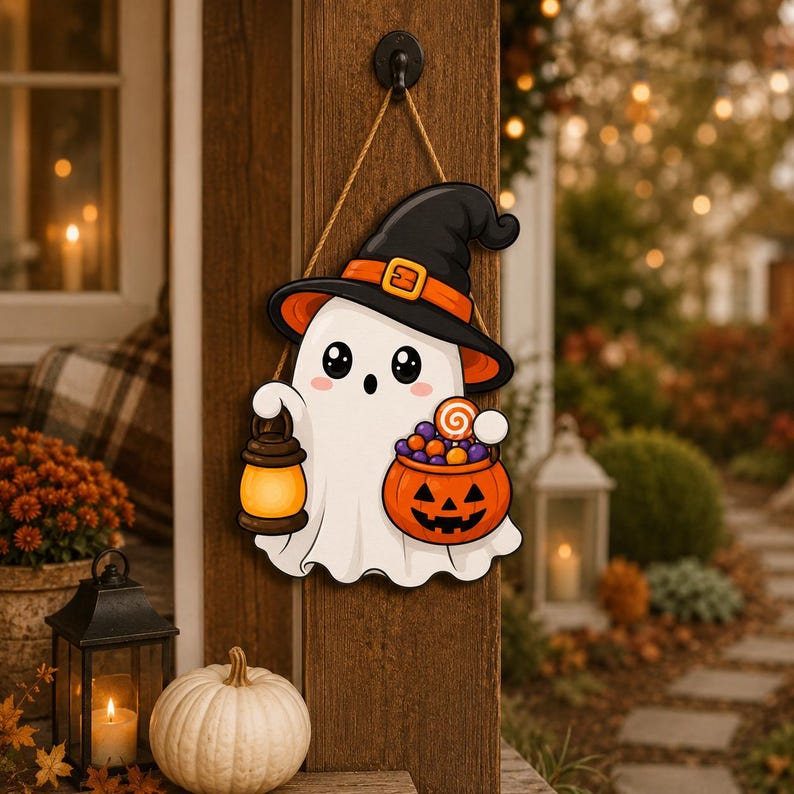 Halloween Ghost Door Hanger, Cute Witch Ghost Wooden Sign, Trick Or Treat Pumpkin Porch Decor, Spooky Fall Gift
