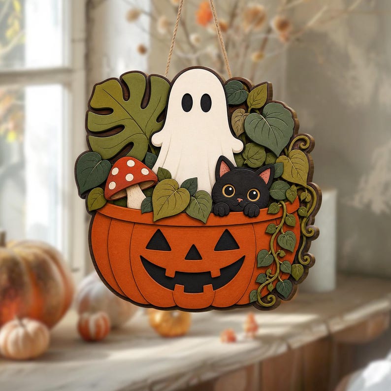 Halloween Ghost Cat Wood Door Sign, Spooky Pumpkin Black Cat Hanger