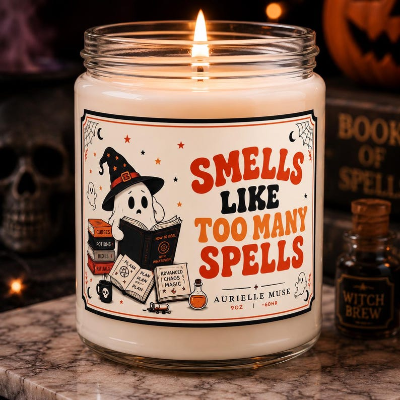 Book Lover Halloween Candle, Smells Like Too Many Spells Candle, Funny Ghost Witch Soy Candle, Cozy Halloween Decor, Witchy Reader Gift (Copy)