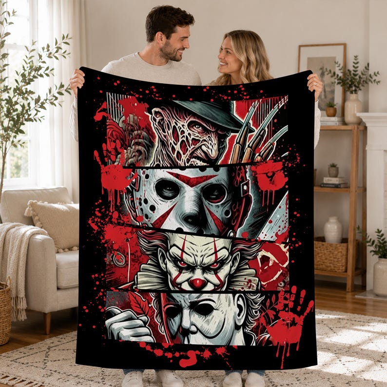 Personalized Horror Movie Flannel Blanket,Scary Character Throw,Valentines Day Presents,Cozy Horror Lover Throw,Fall Season Tapestry Decor